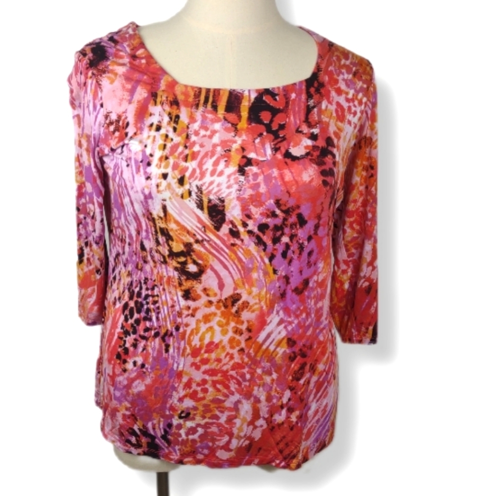 Belle by Kim Gravel Pink Red Abstract Design 3/4 Sleeve Blouse